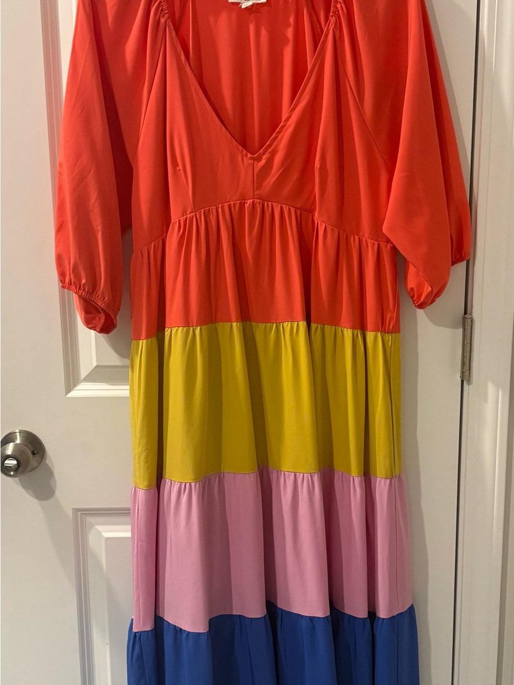 entro Multicolor Tiered V-Neck Maxi Dress - Orange Yellow Pink Blue Navy - Picture 2 of 3